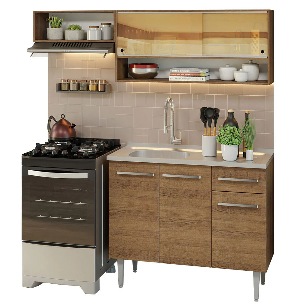 Combo de Cocina Compacta 165cm con Bacha de acero inoxidable Marrón Emilly Madesa 01 - Image 2