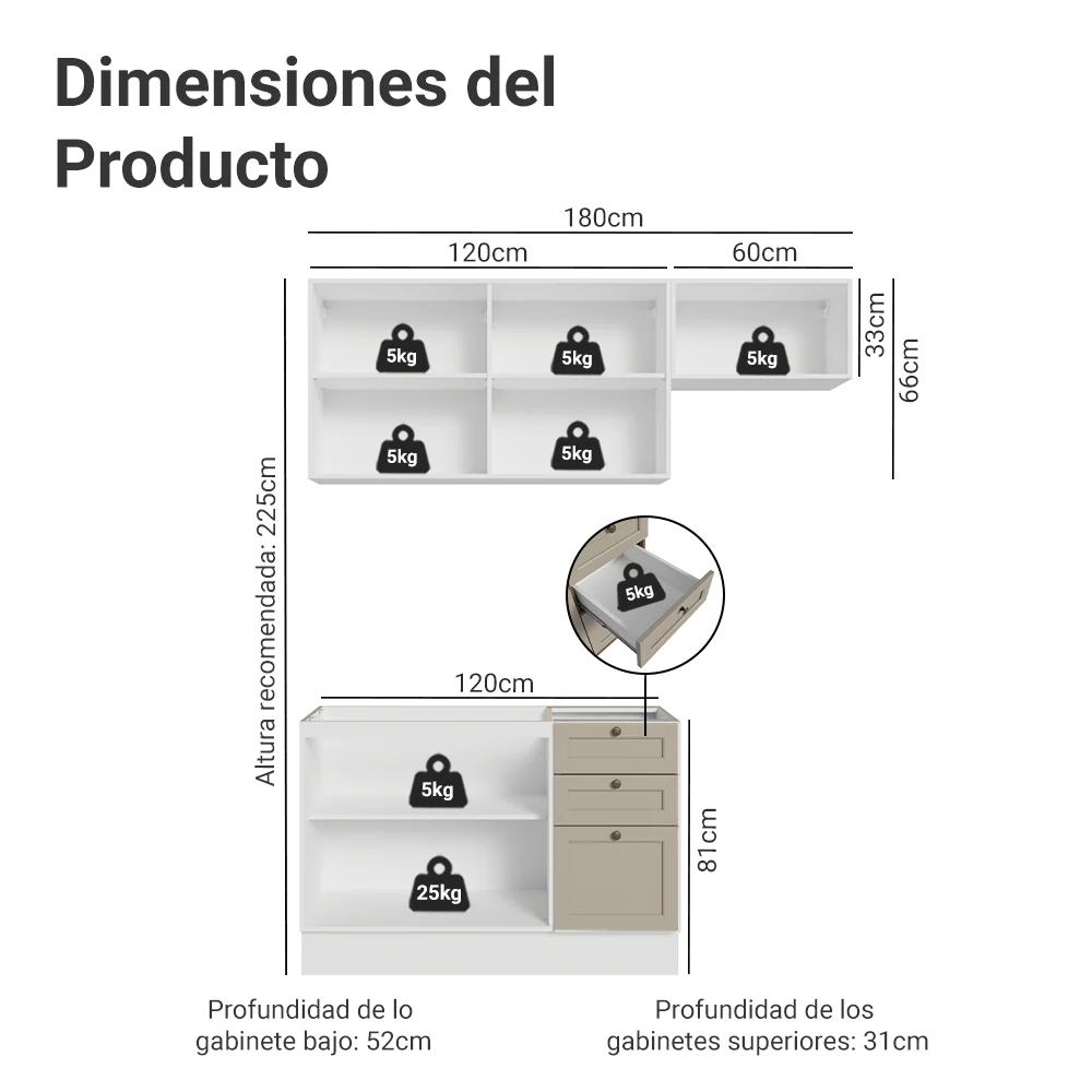 Combo de Cocina Compacta 180 cm Blanco/Crema Vik Madesa 02 - Image 2