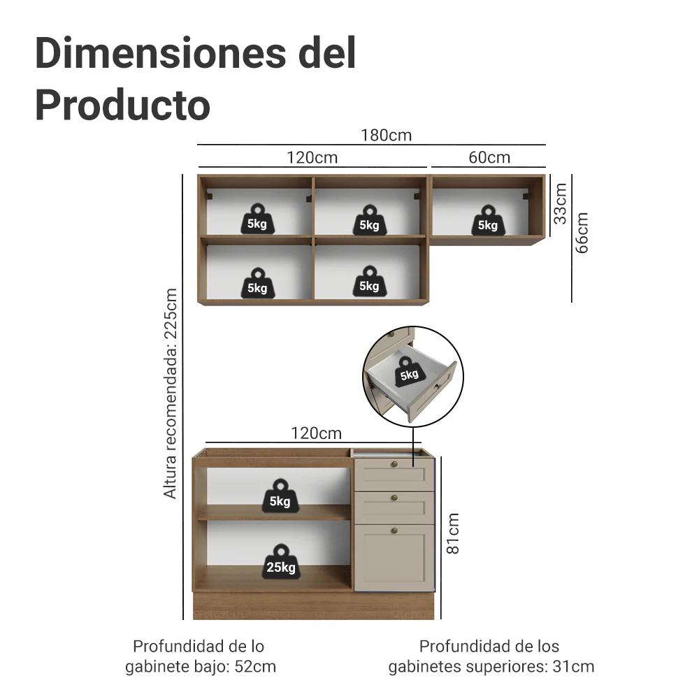 Combo de Cocina Compacta 180 cm Marrón/Crema Vik Madesa 02 - Image 2