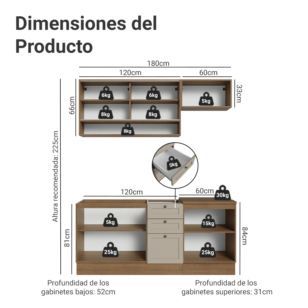 Combo de Cocina Compacta 180 cm Marrón/Crema Vik Madesa 05 - Image 2