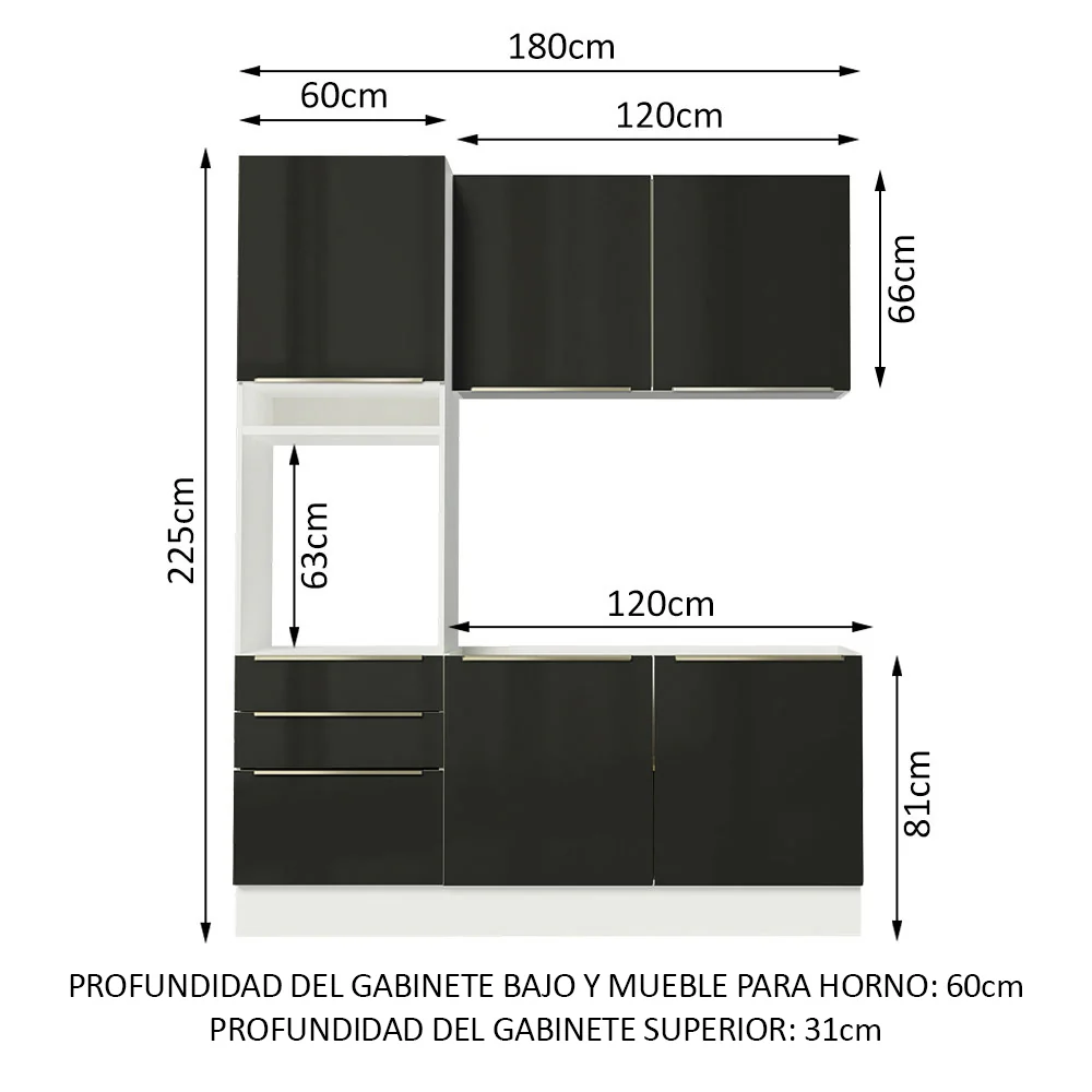 Combo de Cocina Compacta 180cm Blanco/Negro Lux Madesa 01 - Image 3