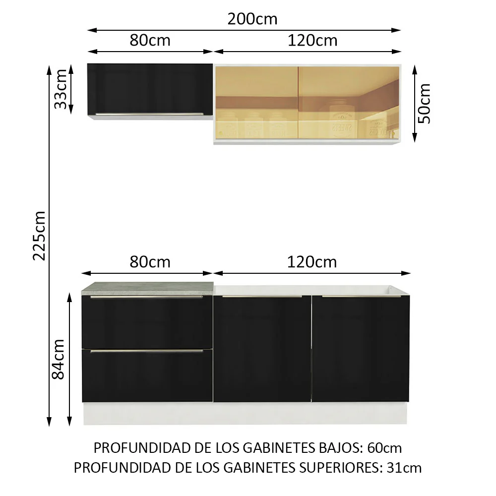 Combo de Cocina Compacta 200cm Blanco/Negro Lux Madesa 01 - Image 3
