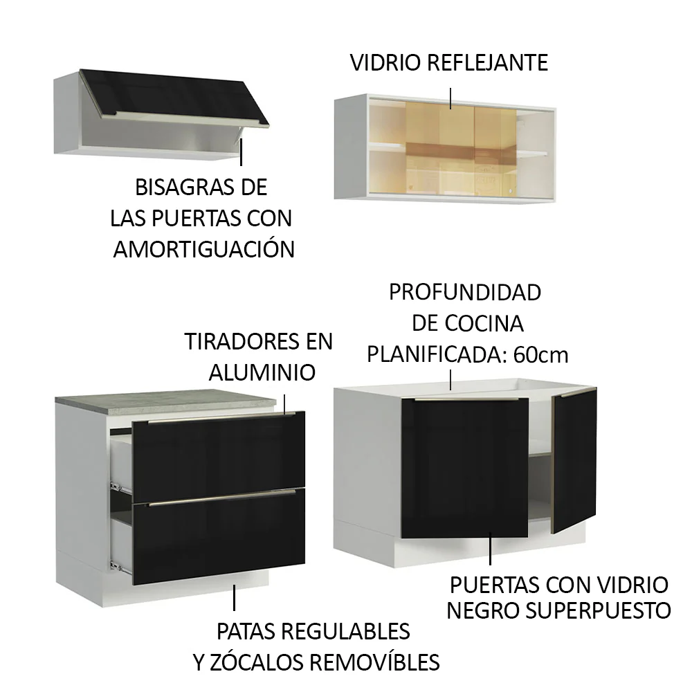 Combo de Cocina Compacta 200cm Blanco/Negro Lux Madesa 01 - Image 4