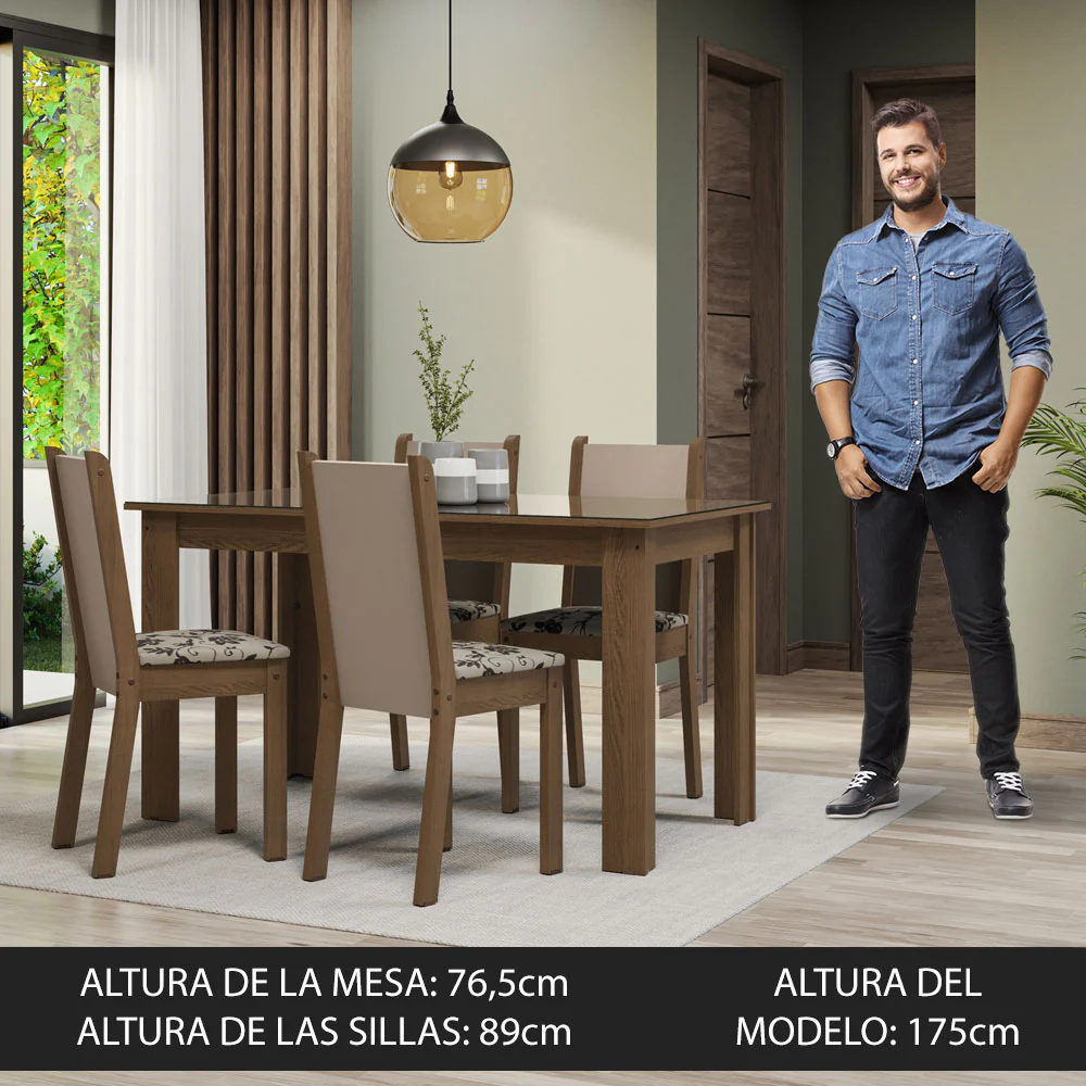 Conjunto Comedor Mesa Mesada de Vidro 4 Sillas Marrón/Crema/Bege Marrom Suzy Madesa - Image 4