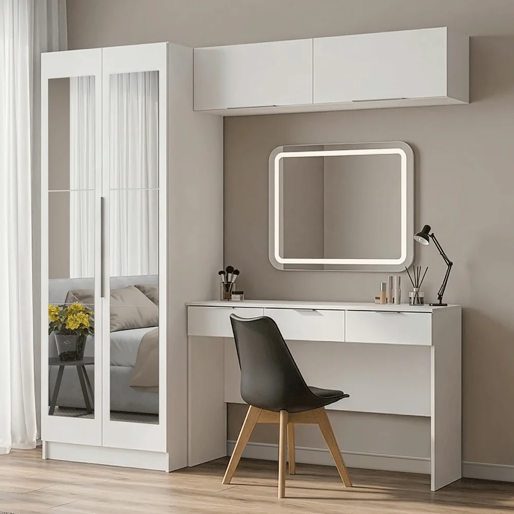 Conjunto Dormitorio 1 Tocador 2 Alacenas 1 Placard con Espejos 2 Puertas Neo Blanco Madesa