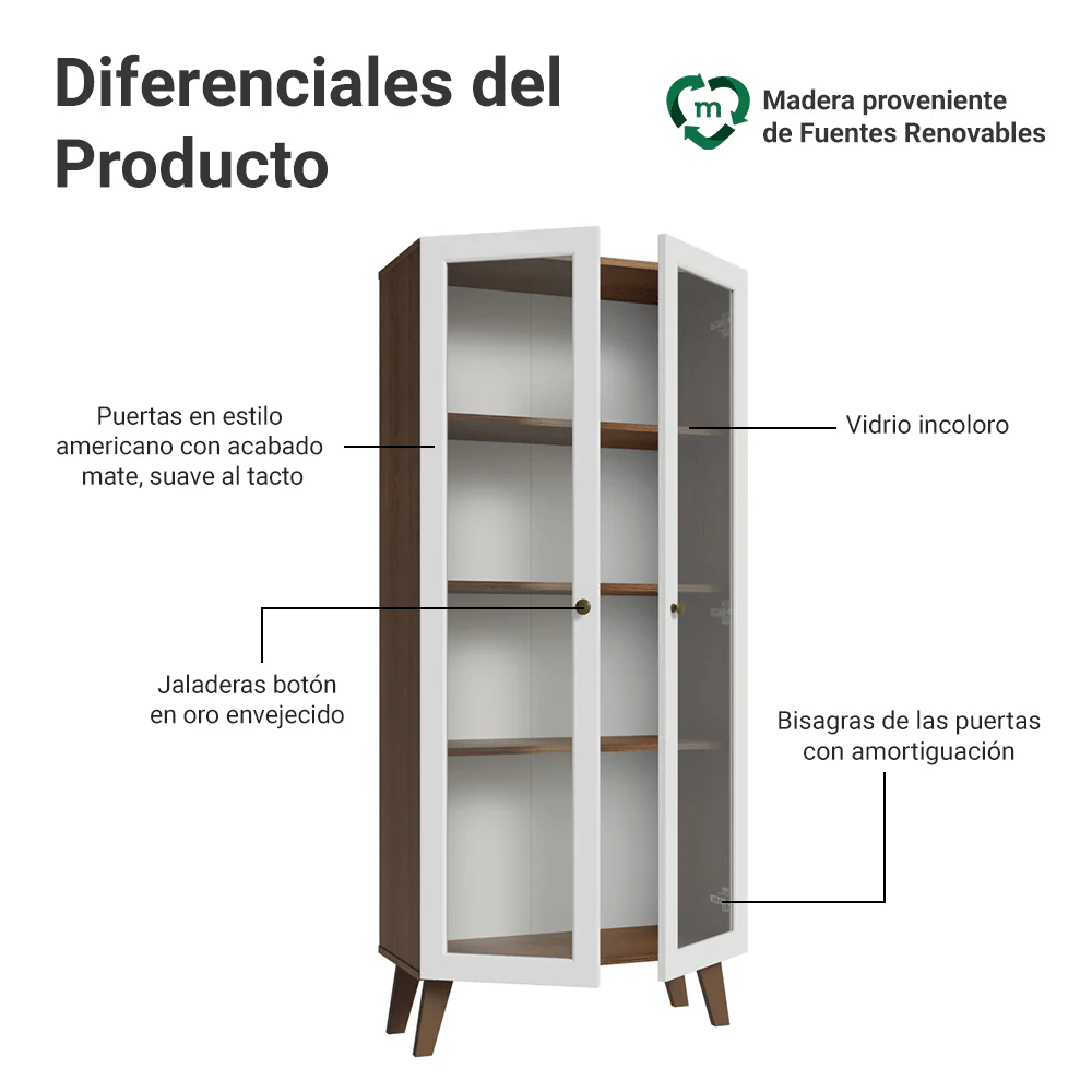 Cristalero 70 cm 2 Puertas de Vidrio con Patas Trapecio Vik Marrón/Blanco/Marrón - Image 4