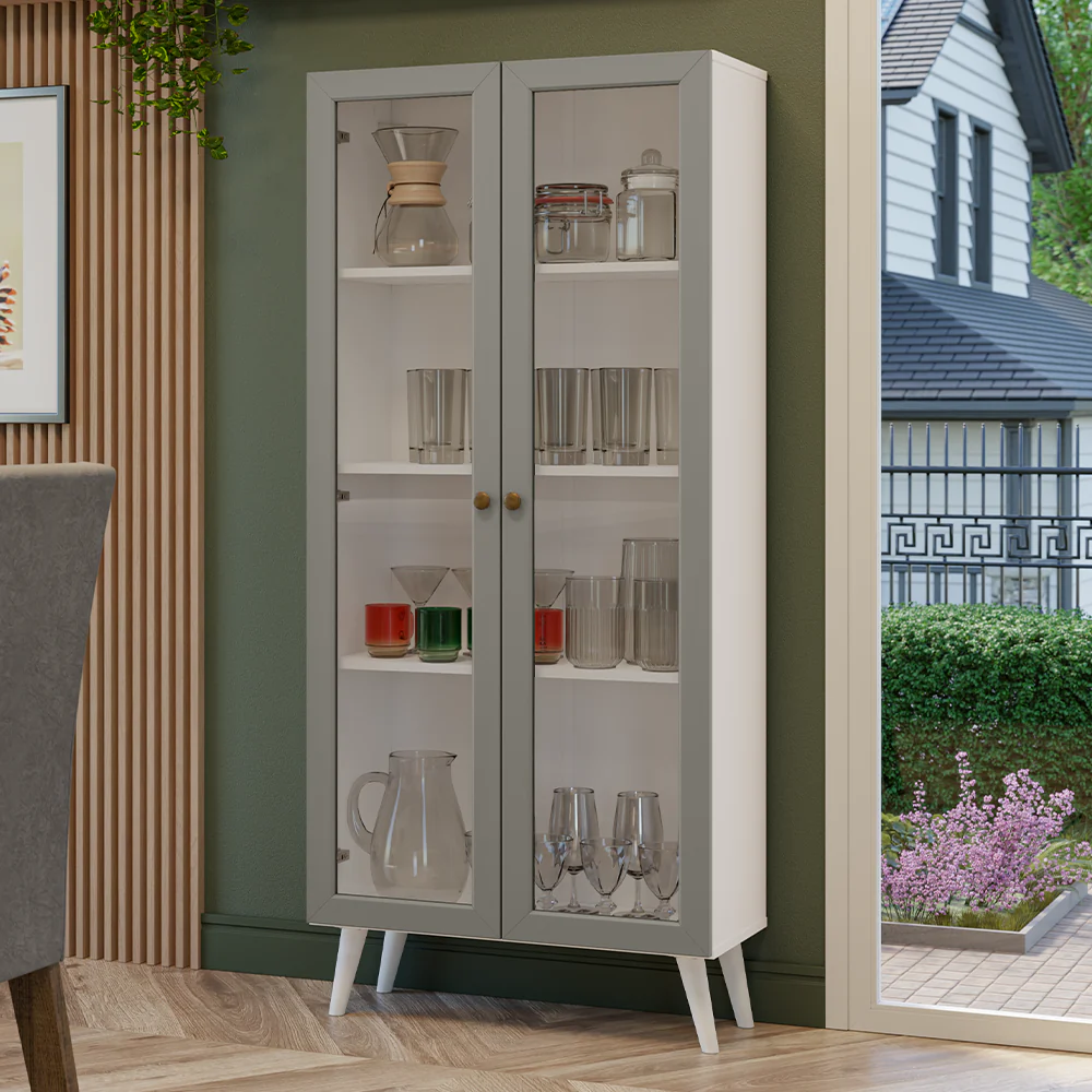 Cristalero 70 cm 2 Puertas de Vidrio con Patas Vik Blanco/Gris/Blanco