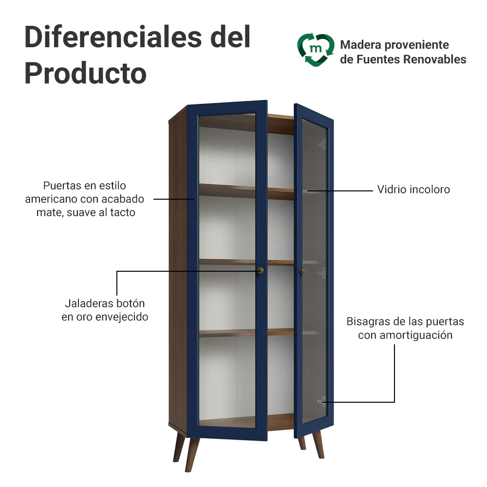 Cristalero 70 cm 2 Puertas de Vidrio con Patas Vik Marrón/Azul/Marrón - Image 4