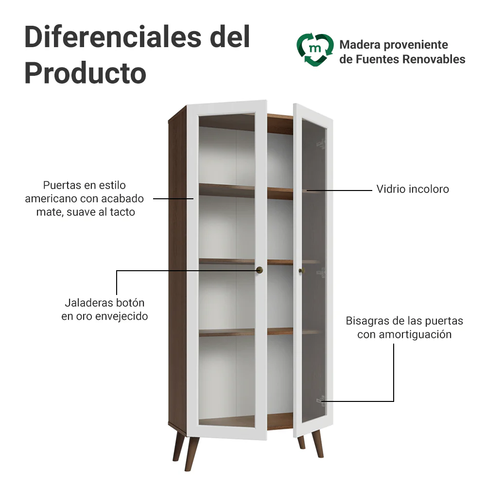 Cristalero 70 cm 2 Puertas de Vidrio con Patas Vik Marrón/Blanco/Marrón - Image 4