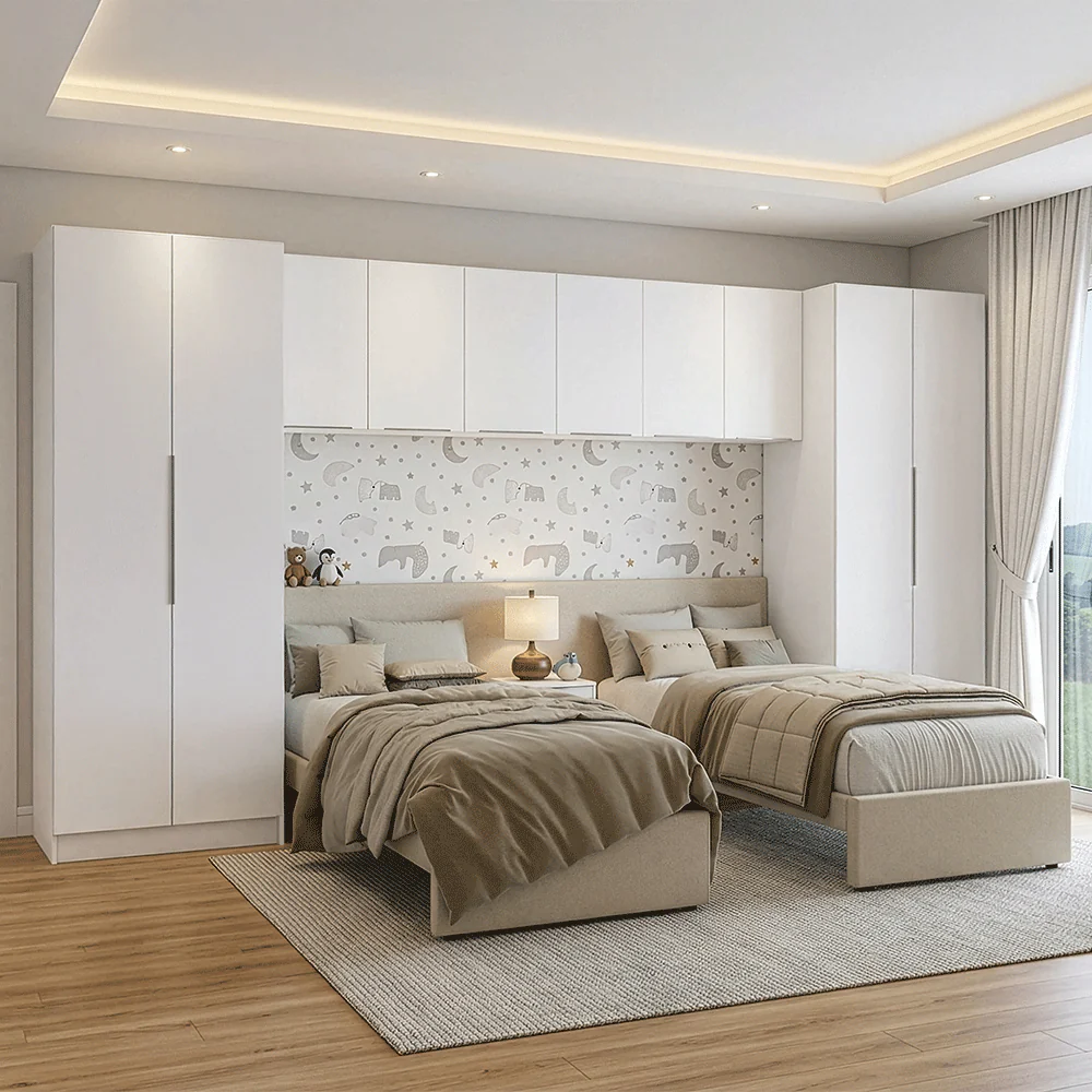 Dormitorio Infantil Madesa Neo Blanco con 2 Placards, 3 Alacenas y 1 Mesa de Luz