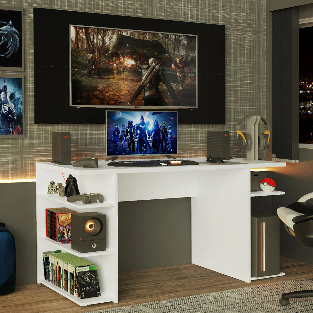 Escritorio Gamer Madesa 9409 con Panel para TV hasta 50 Pulgadas Blanco/Negro