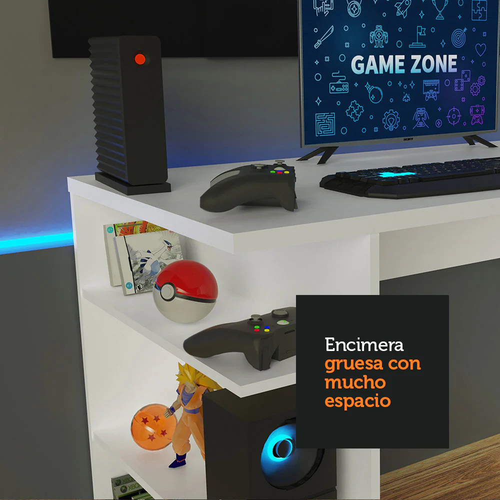 Escritorio Gamer Madesa 9409 con Panel para TV hasta 58 Pulgadas Blanco/Negro - Image 7