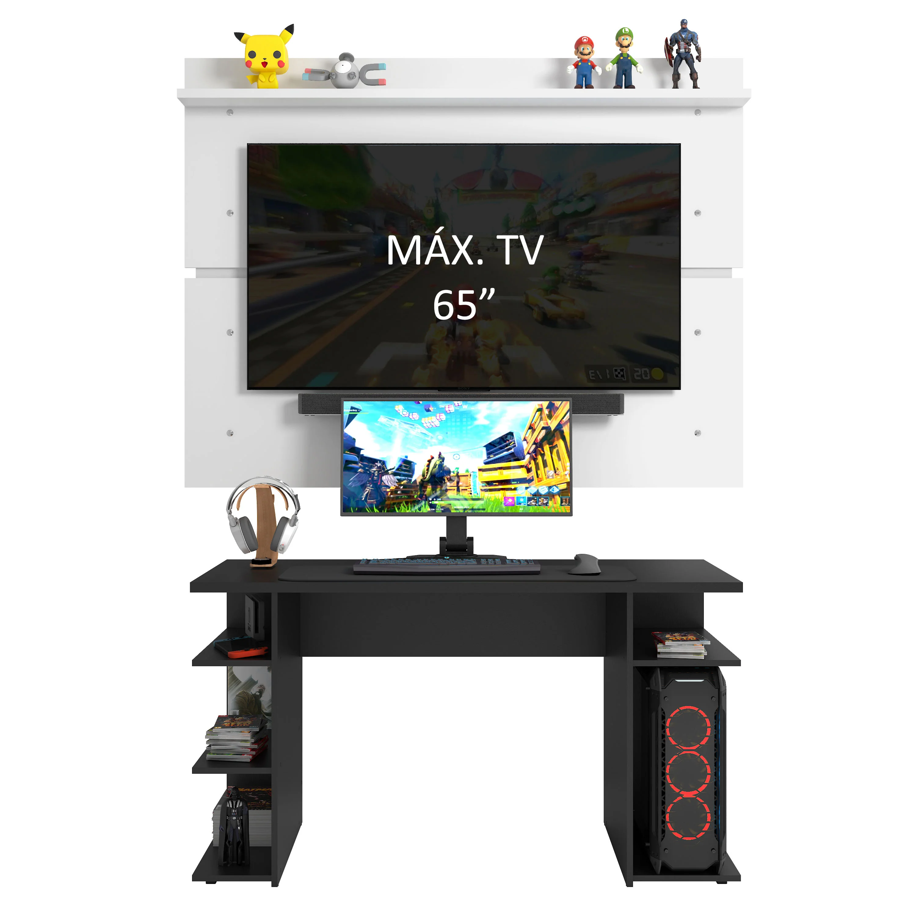 Escritorio Gamer Madesa 9409 con Panel para TV hasta 65 Pulgadas Negro/Blanco - Image 5