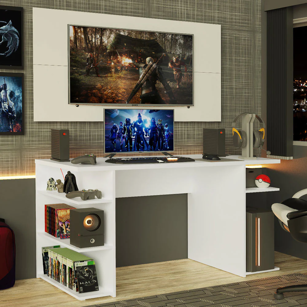 Escritorio Gamer Madesa 9409 e Panel para TV hasta 50 Pulgadas Blanco