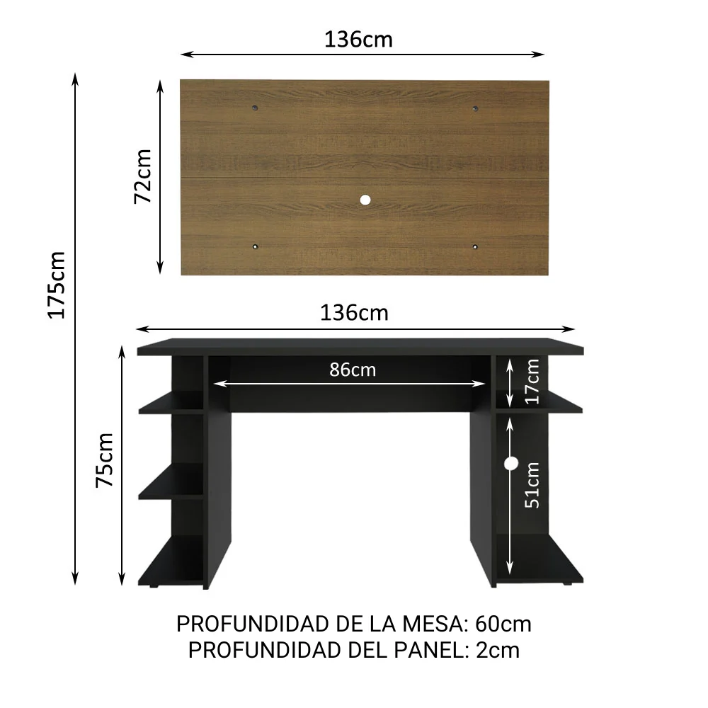 Escritorio Gamer Madesa 9409 e Panel para TV hasta 50 Pulgadas Negro/Marrón - Image 2