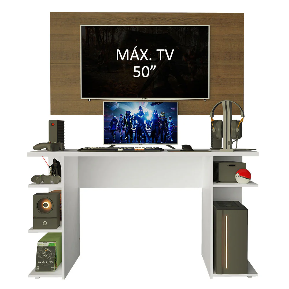 Escritorio Gamer Moderno Madesa + Panel para TV Hasta 50 Pulgadas Blanco/Marrón - Image 5