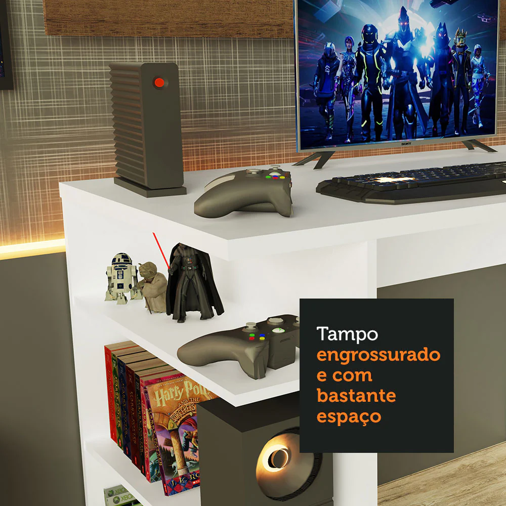 Escritorio Gamer Moderno Madesa + Panel para TV Hasta 50 Pulgadas Blanco/Marrón - Image 6