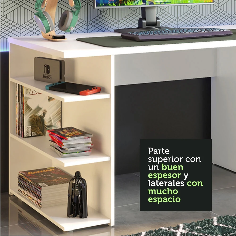 Escritorio Gamer Moderno Madesa + Panel para TV Hasta 65 Pulgadas Blanco/Marrón - Image 7