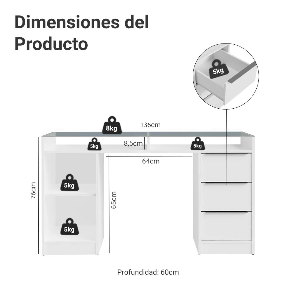 Escritorio Tocador 136cm 1 Puerta 3 Cajones Mesada Vidro Blanco Madesa - Image 3