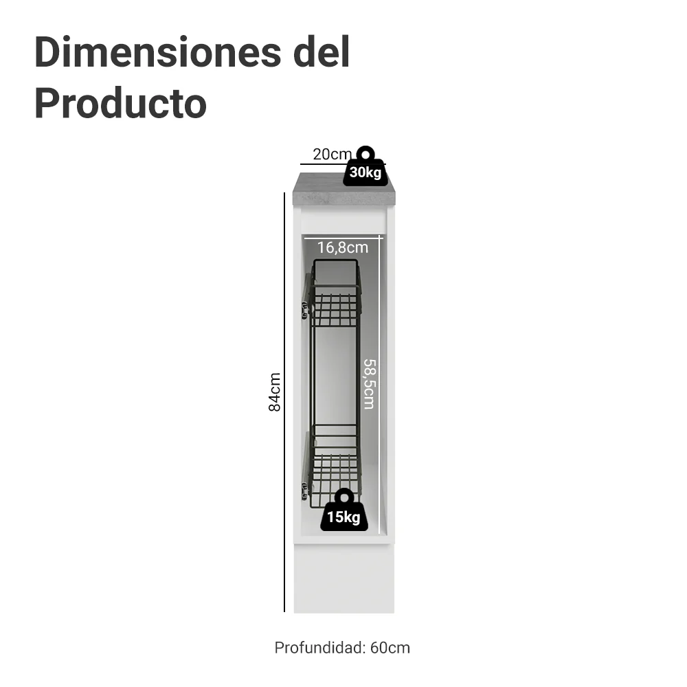 Especiero 20 cm X 60 cm, 1 puerta (Con Mesada), Blanco aterciopelado Lux Madesa - Image 2