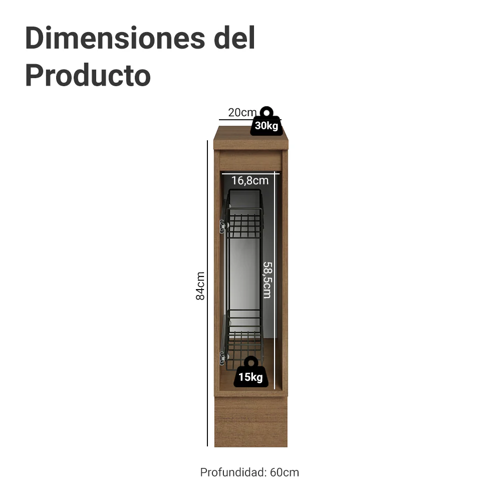 Especiero 20 cm X 60 cm, 1 puerta (Con Mesada), Marrón/Gris Lux Madesa - Image 2