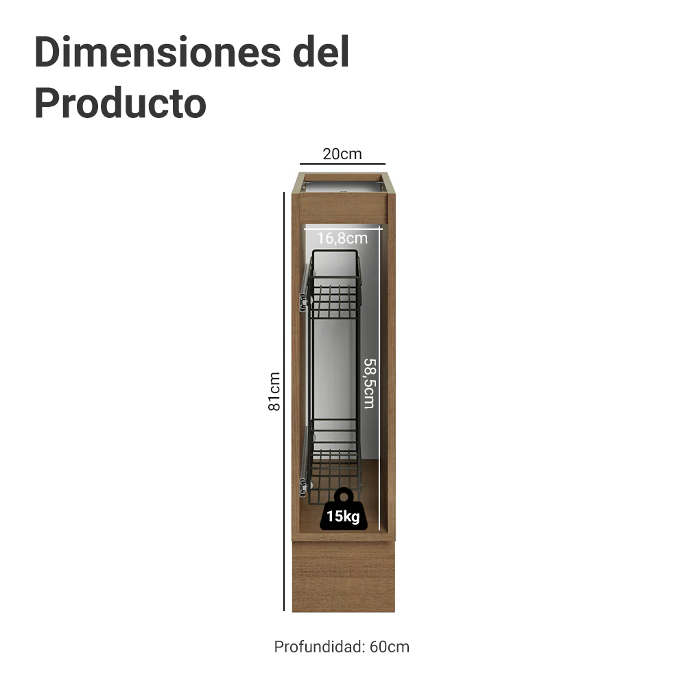 Especiero 20 cm X 60 cm, 1 Puerta (Sin Mesada) Marrón/Gris Lux Madesa - Image 2