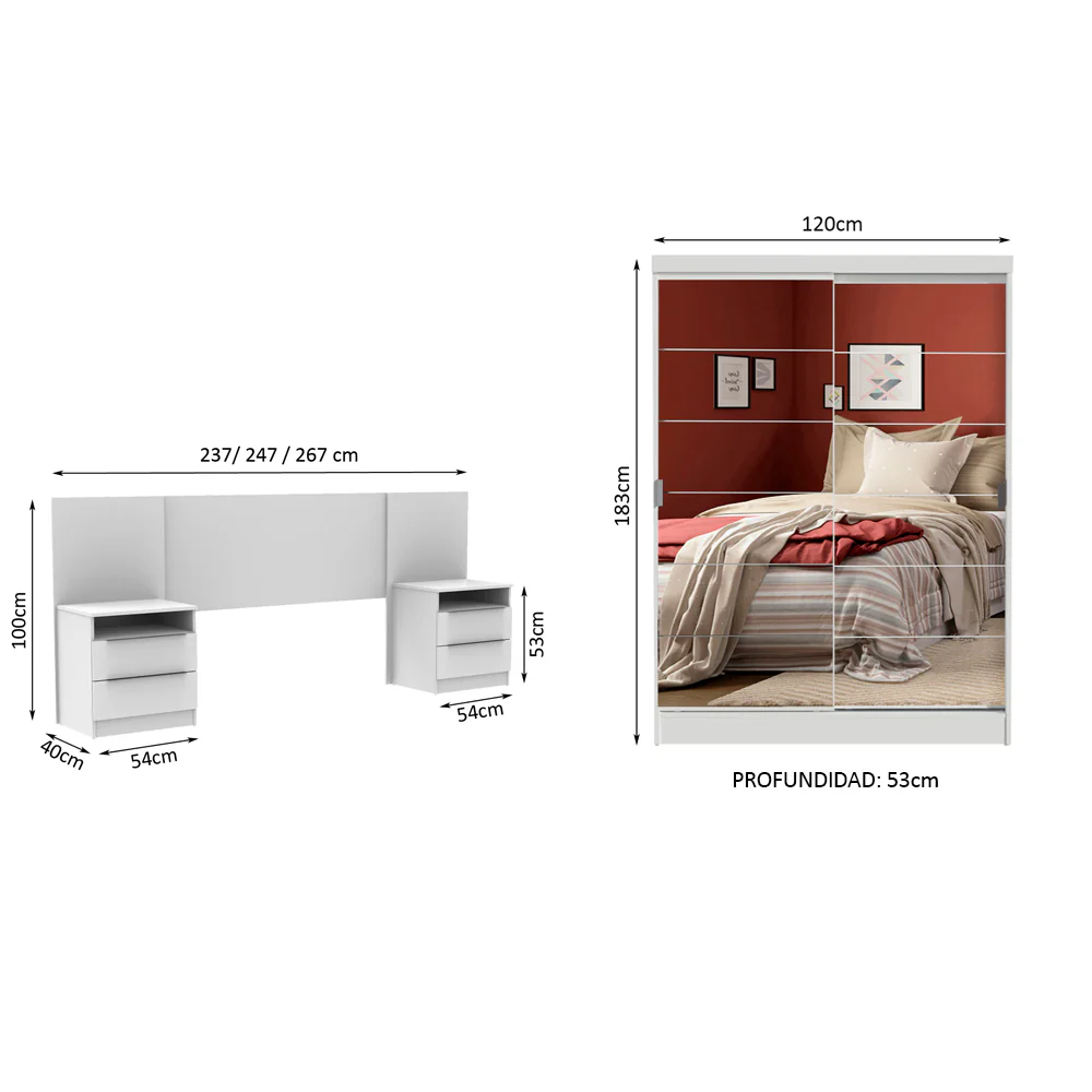 Habitación Completa con Placard Luke 2 Purtas de Espejo y Respaldo de cama con 2 Mesas de Luz Madesa Blanco - Image 2
