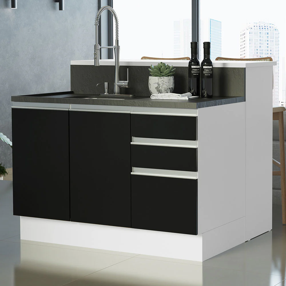 Isla de Cocina con Barra desayunador y Bajo mesada 120 cm Blanco/Negro Glamy Madesa
