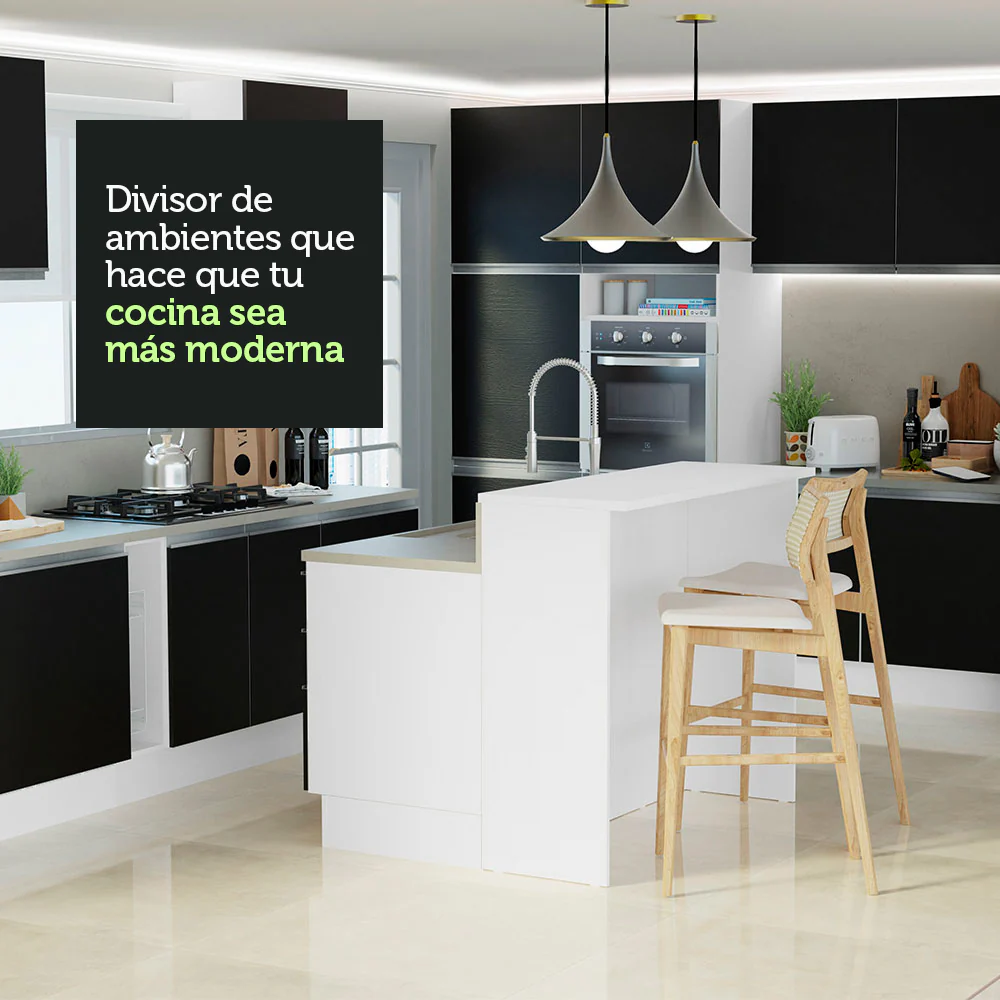Isla de Cocina con Barra desayunador y Bajo mesada 120 cm Blanco/Negro Glamy Madesa - Image 6