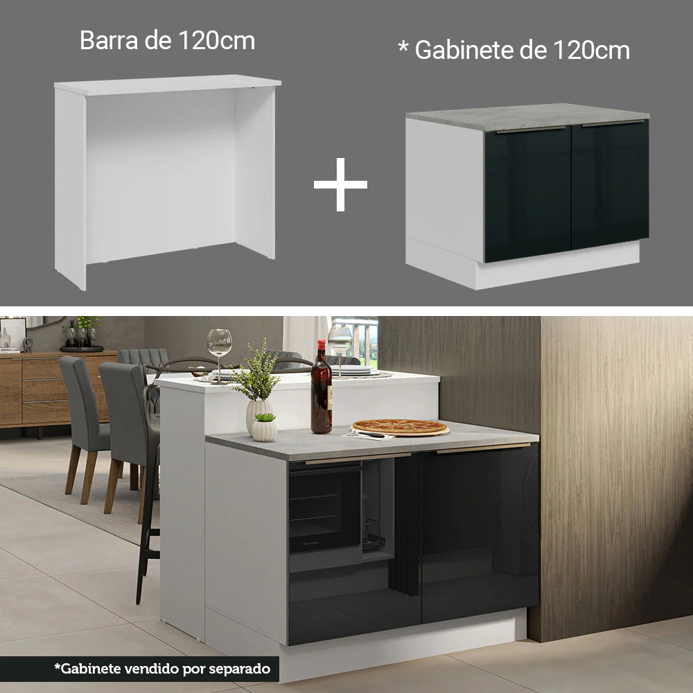 Isla de Cocina con Barra desayunador y Bajo mesada 120 cm Blanco/Negro Lux Madesa - Image 5
