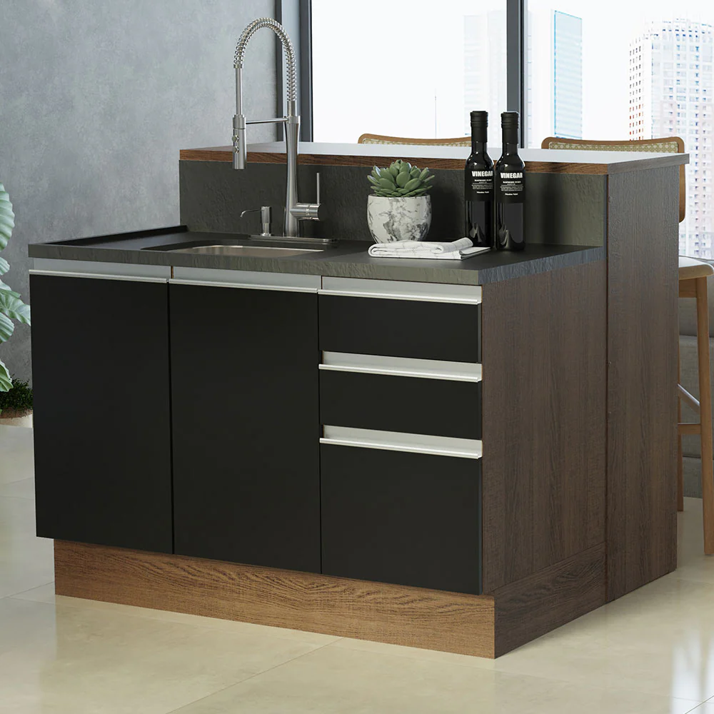 Isla de Cocina con Barra desayunador y Bajo mesada 120 cm Marrón/Negro Glamy Madesa