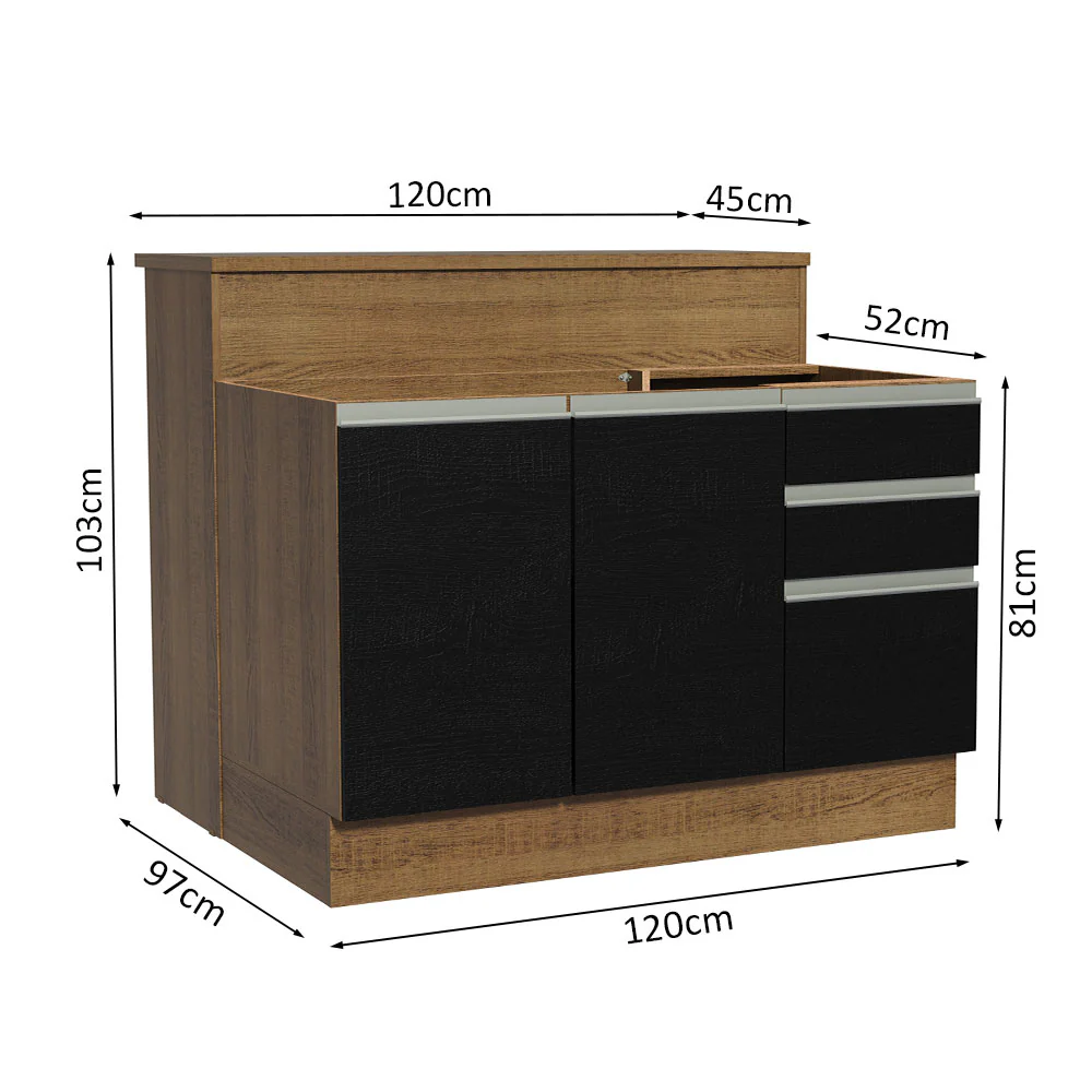 Isla de Cocina con Barra desayunador y Bajo mesada 120 cm Marrón/Negro Glamy Madesa - Image 3