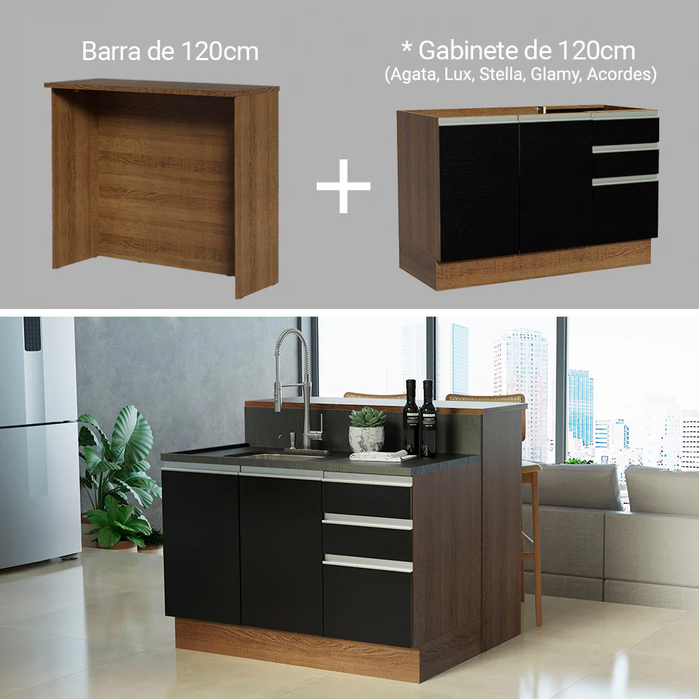 Isla de Cocina con Barra desayunador y Bajo mesada 120 cm Marrón/Negro Glamy Madesa - Image 5