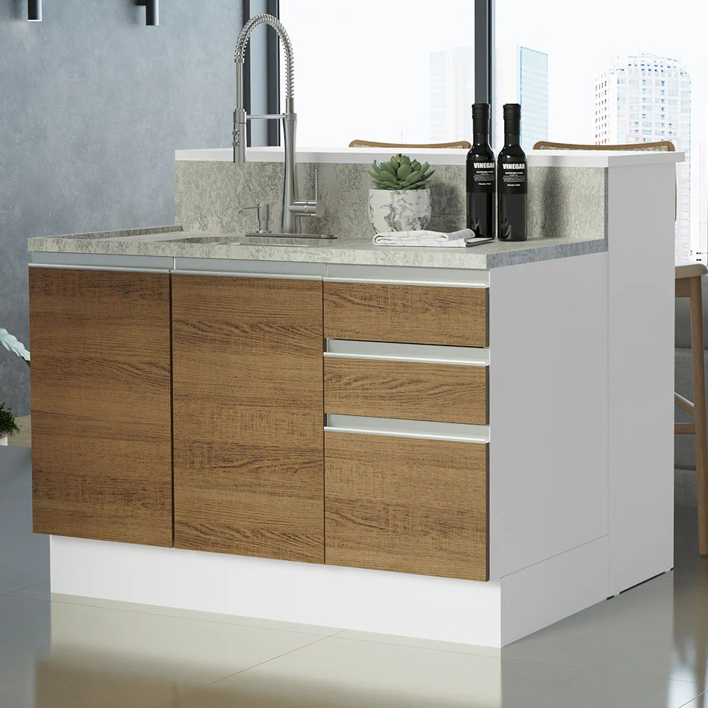 Isla de Cocina con Barra desayunador y Bajo mesada 120 cm Blanco/Marrón Glamy Madesa