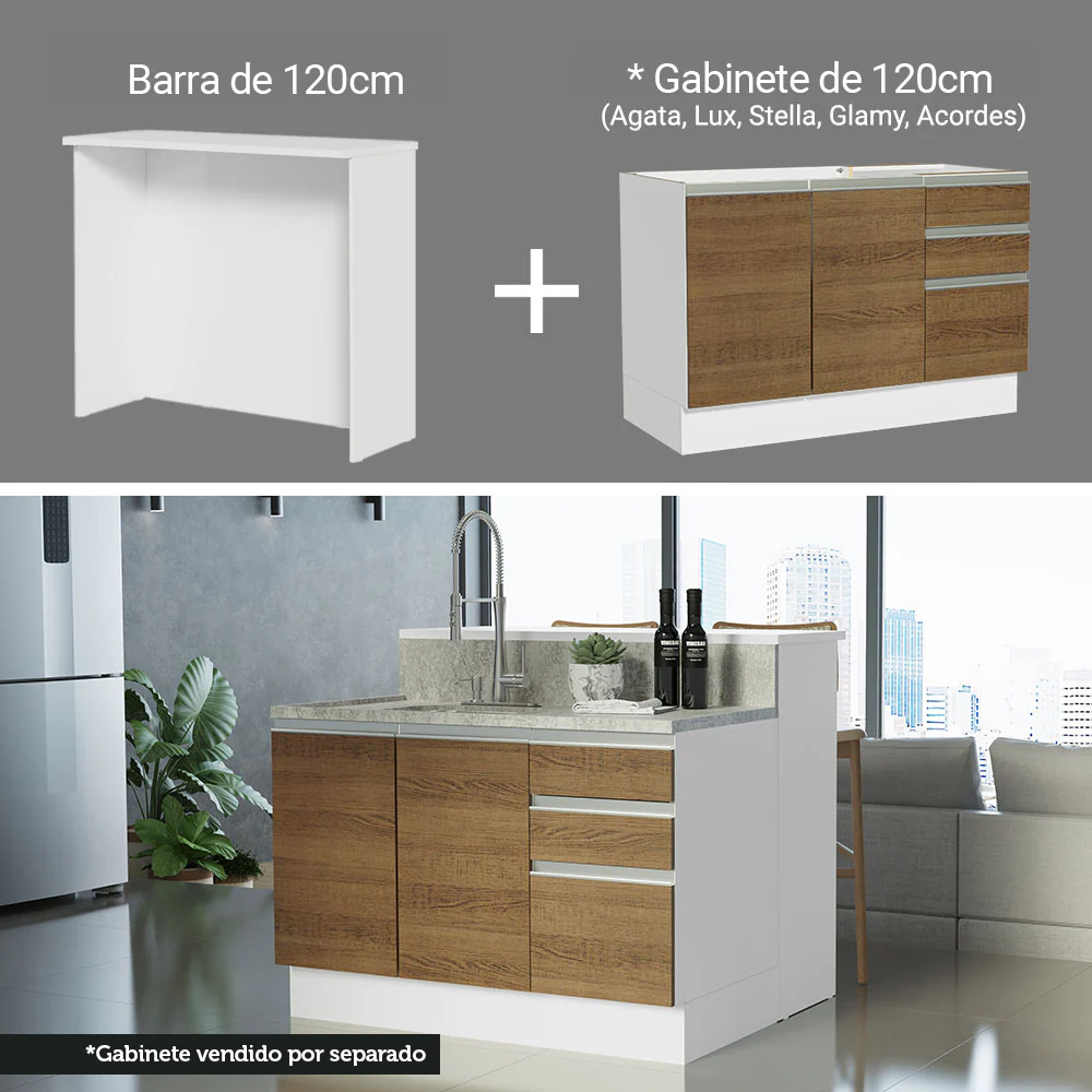 Isla de Cocina con Barra desayunador y Bajo mesada 120 cm Blanco/Marrón Glamy Madesa - Image 5