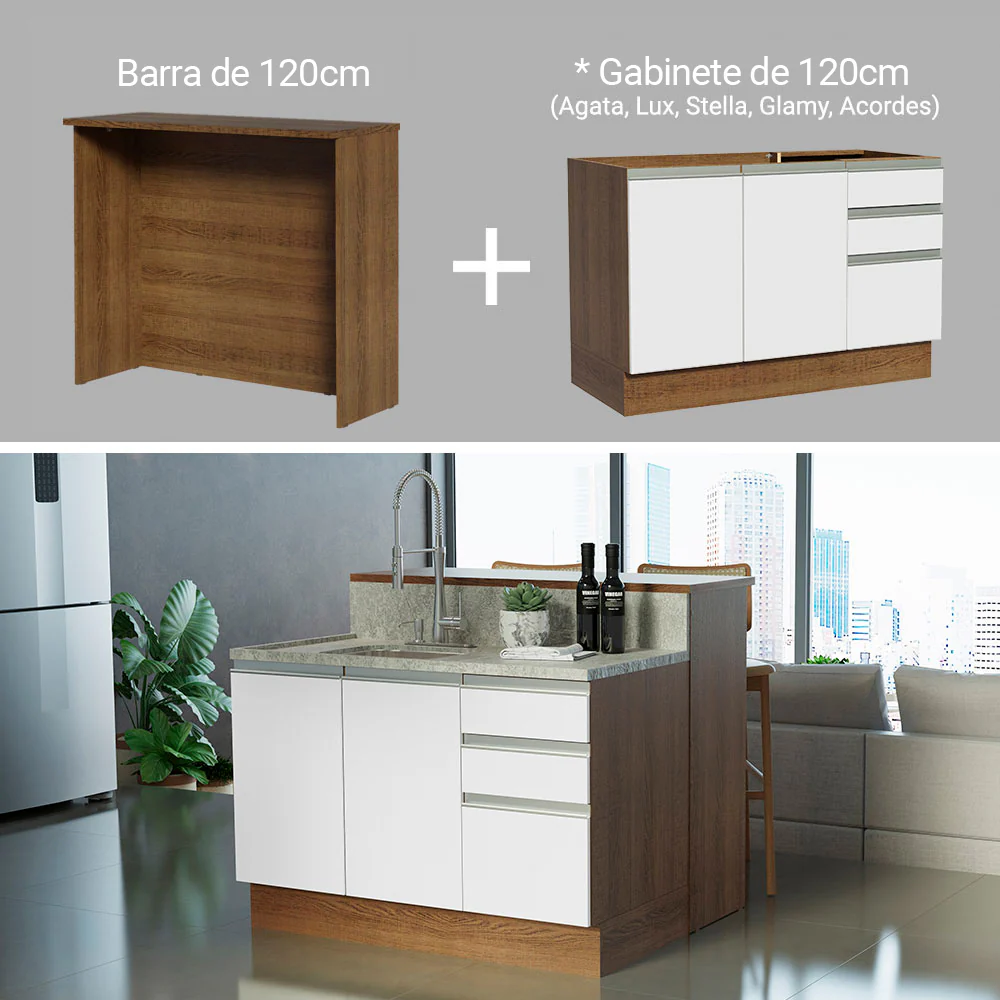 Isla de Cocina con Barra desayunador y Bajo mesada 120 cm Marrón/Blanco Glamy Madesa - Image 5