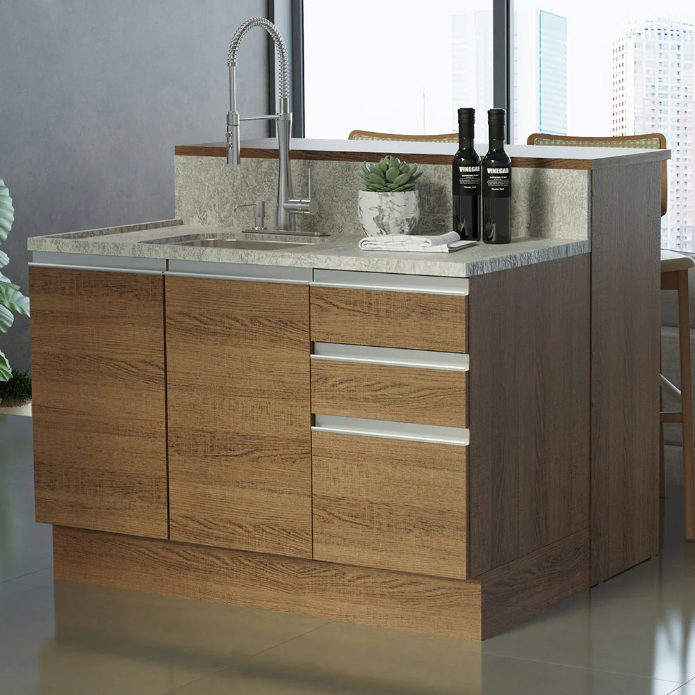 Isla de Cocina con Barra desayunador y Bajo mesada 120 cm Marrón Glamy Madesa