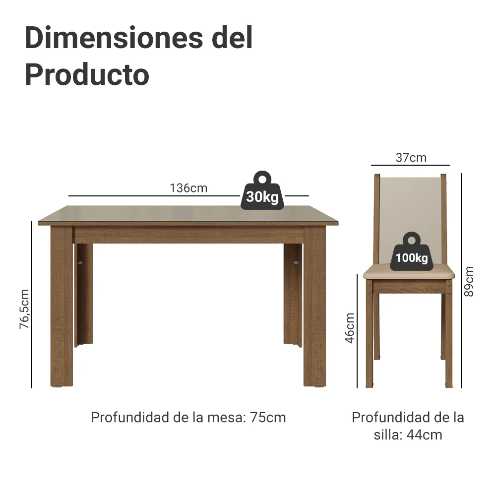 Juego Comedor Magnólia Mesa Tapa de Vidrio 4 Sillas Marrón/Crema/Sintético Beige Madesa - Image 2