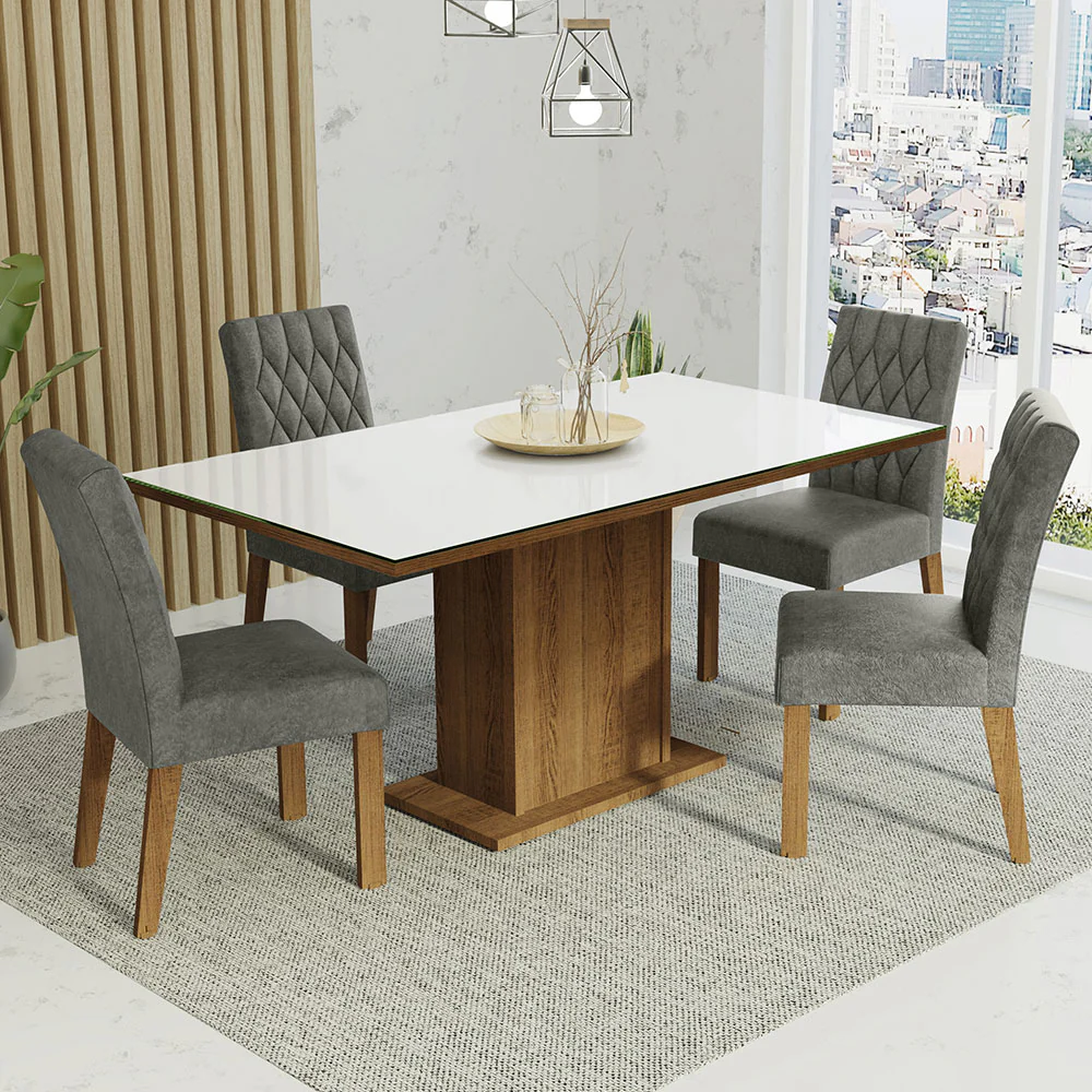 Juego Comedor Mesa con Tapa de Vidrio 4 Sillas Marrón/Blanco/Gamuza Silver Marilia Madesa