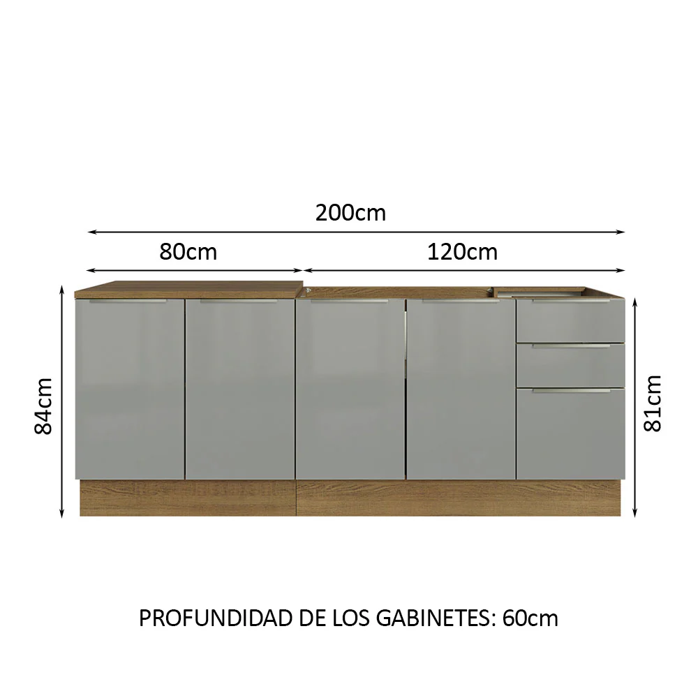Juego de 2 gabinetes bajos de cocina Madesa Lux con 4 puertas y 3 cajones (sin mesada ni fregadero) Marrón/Gris - Image 2