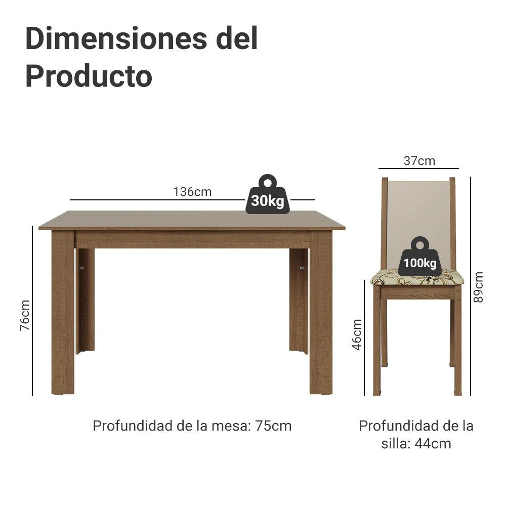 Juego de Comedor Alva Mesa Tapa de Madera 4 Sillas Marrón/Crema/Lirio Beige Madesa - Image 2