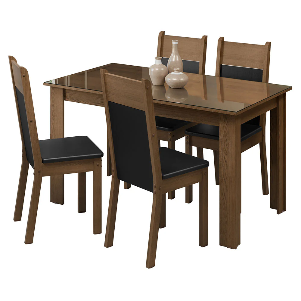 Juego de Comedor con Mesa de Tapa de Vidrio y 4 Sillas Marrón/Negro Eloá Madesa - Image 3
