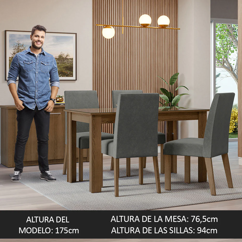 Juego de Comedor con Mesa de Tapa de Vidrio y 4 Sillas Marrón/Silver Antônia Madesa - Image 4