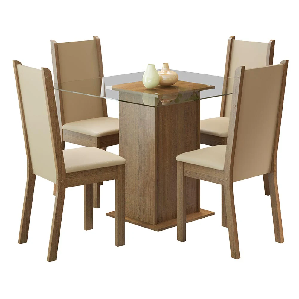 Juego de Comedor con Tapa de Vidrio 4 Sillas Marrón/Crema/Beige Aline - Image 4