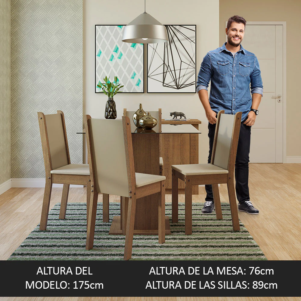 Juego de Comedor con Tapa de Vidrio 4 Sillas Marrón/Crema/Beige Aline - Image 5