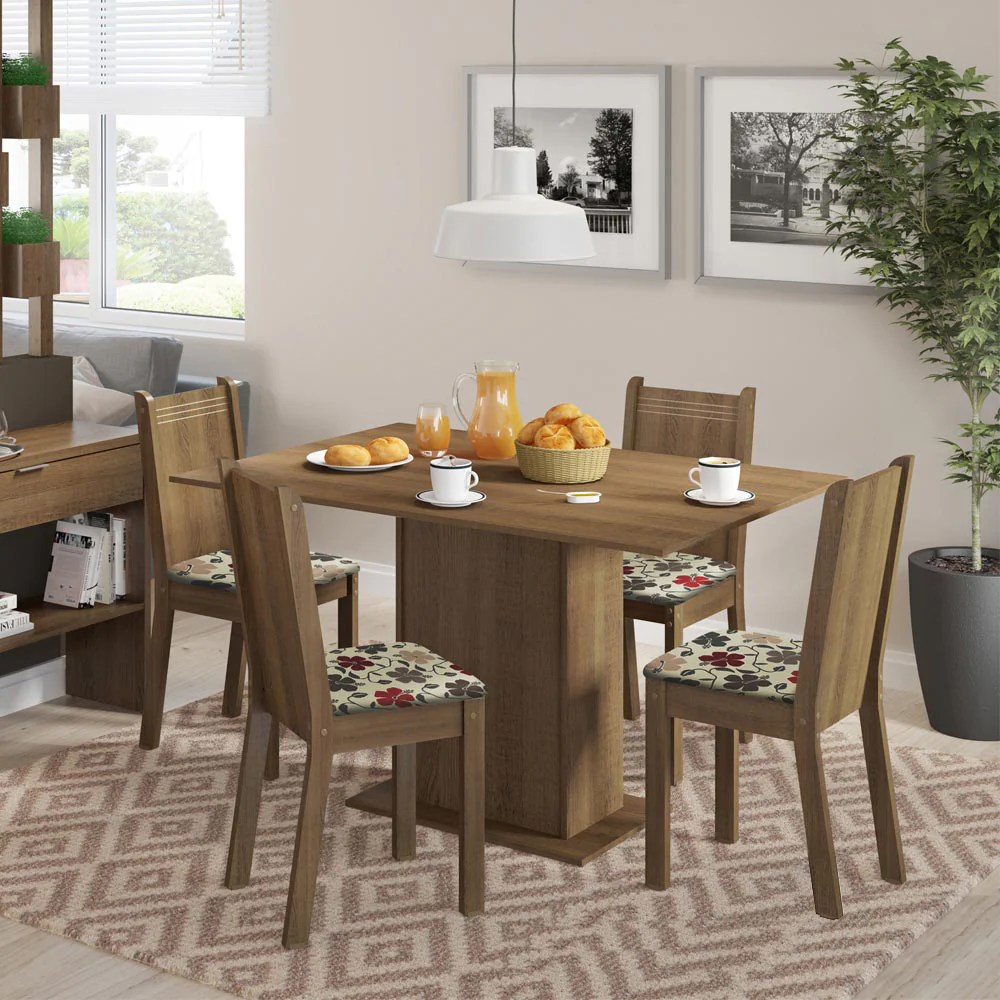 Juego de Comedor Lexy Madesa Mesa Tapa de Madera con 4 Sillas Marrón/Floral Hibiscos