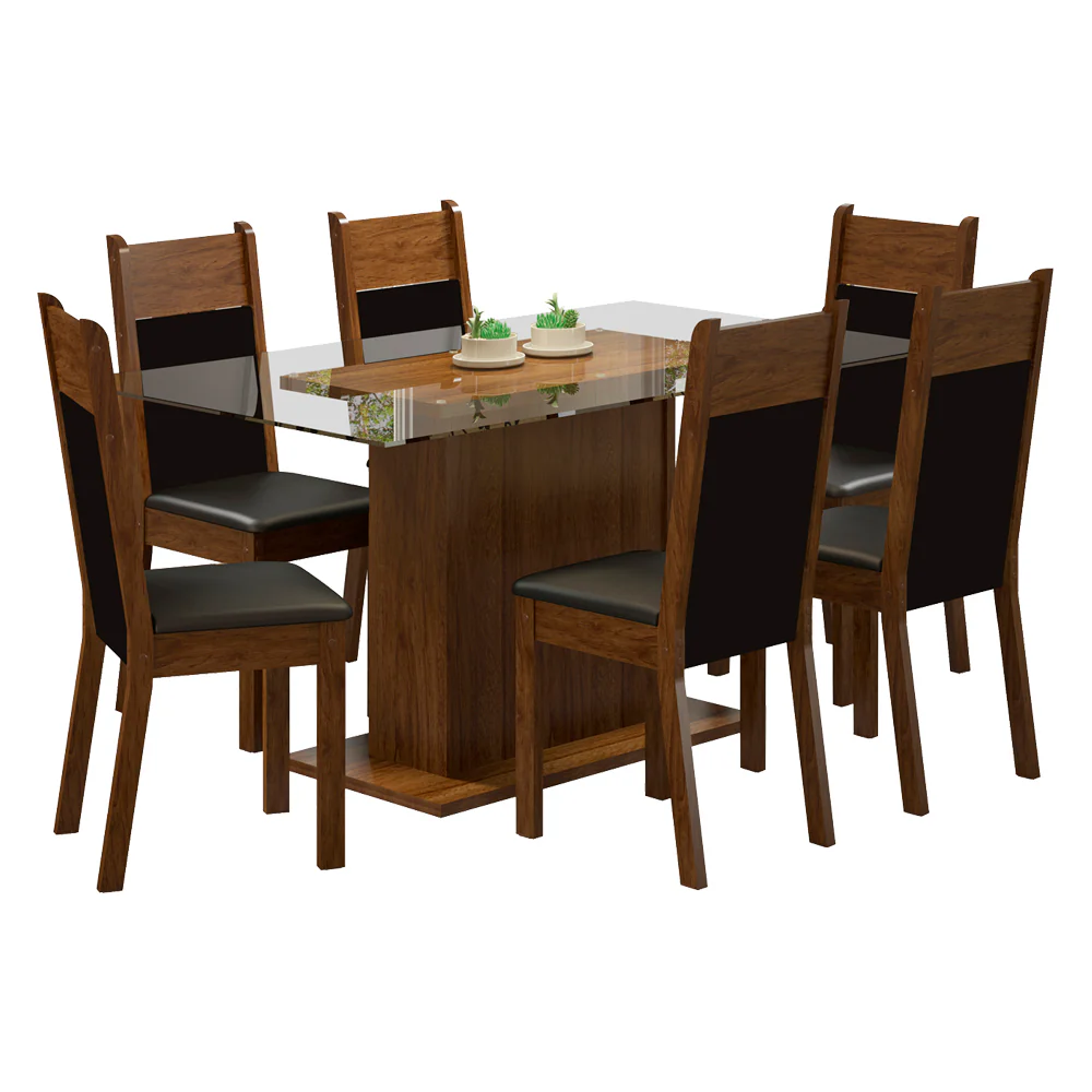 Juego de Comedor Madesa Atlanta Mesa Tapa de Vidrio con 6 Sillas Marrón/Negro/Sintético Negro - Image 3