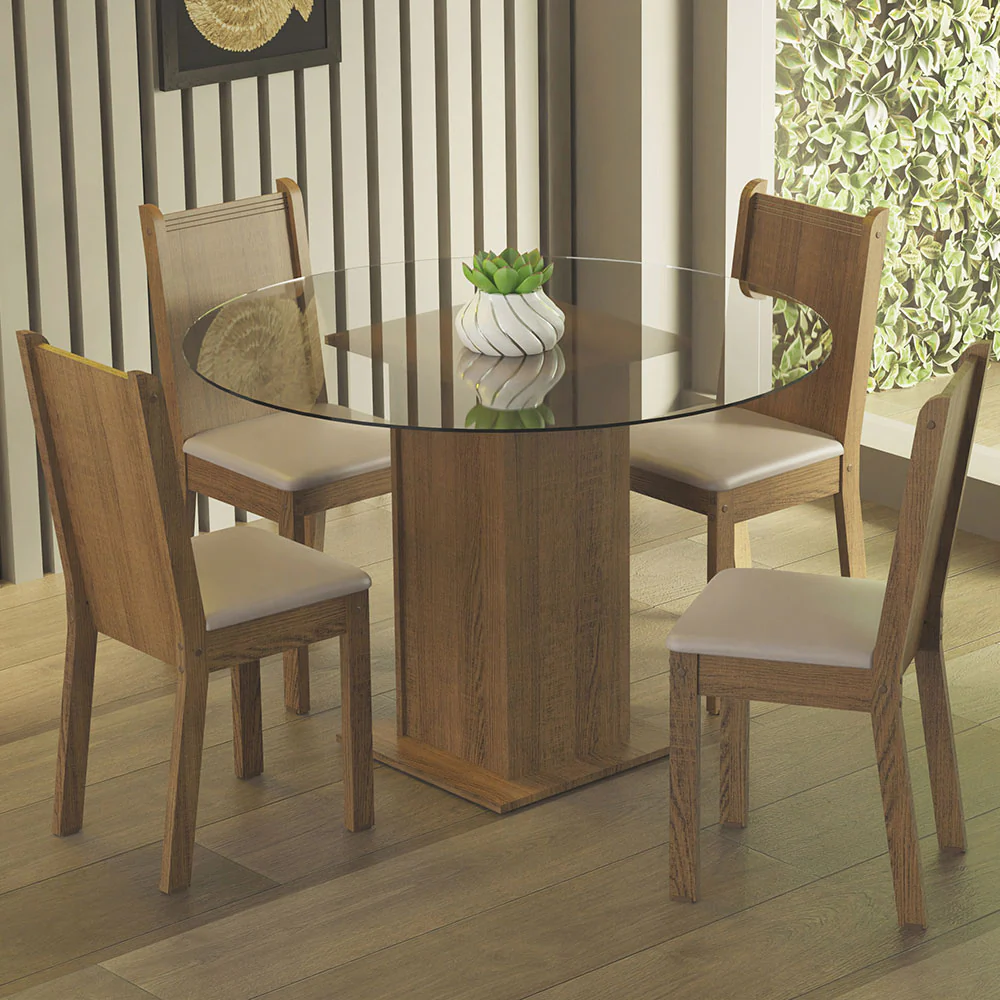 Juego de Comedor Madesa Débora Mesa Tapa de Vidrio Redondo 4 Sillas Marrón/Beige