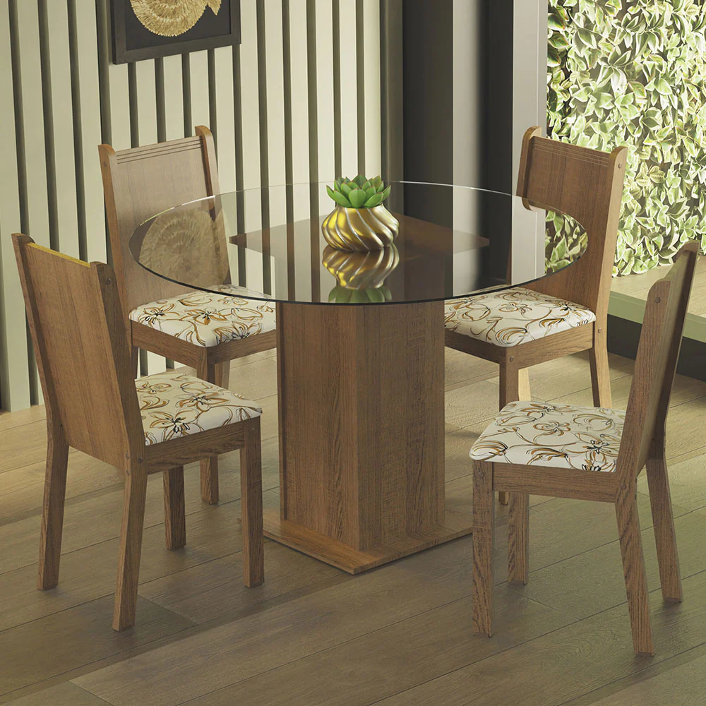 Juego de Comedor Madesa Débora Mesa Tapa de Vidrio Redondo 4 Sillas Marrón/Lírio Beige
