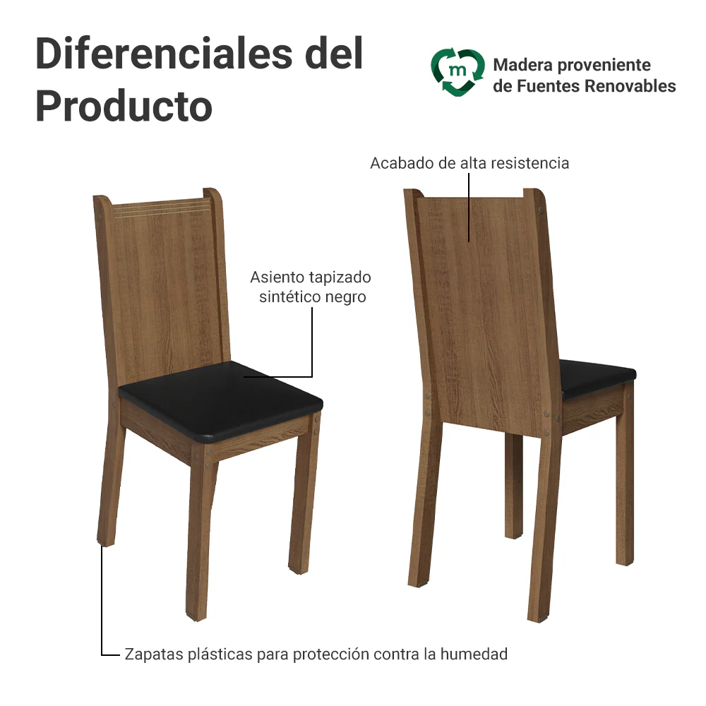 Juego de Comedor Madesa Débora Mesa Tapa de Vidrio Redondo 4 Sillas Negro/Marrón - Image 6